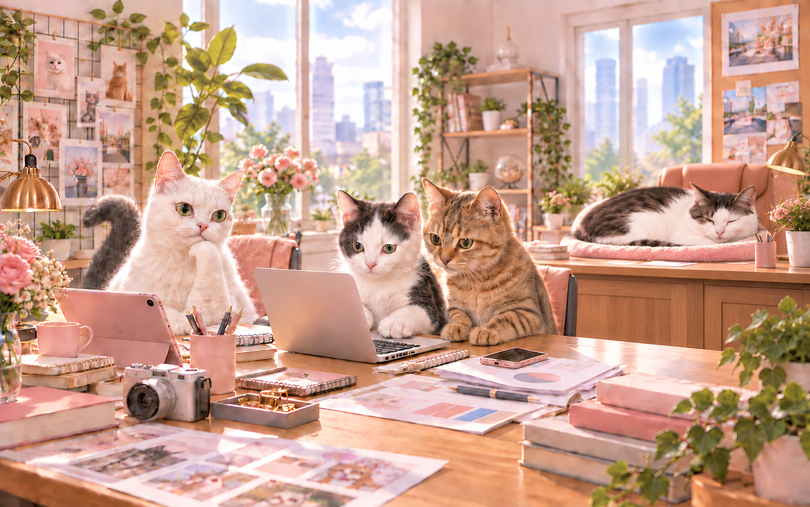 オフィスで働く、ゆき姫・バニラちゃん・げんまいくん・こむぎ社長の四匹の猫社員